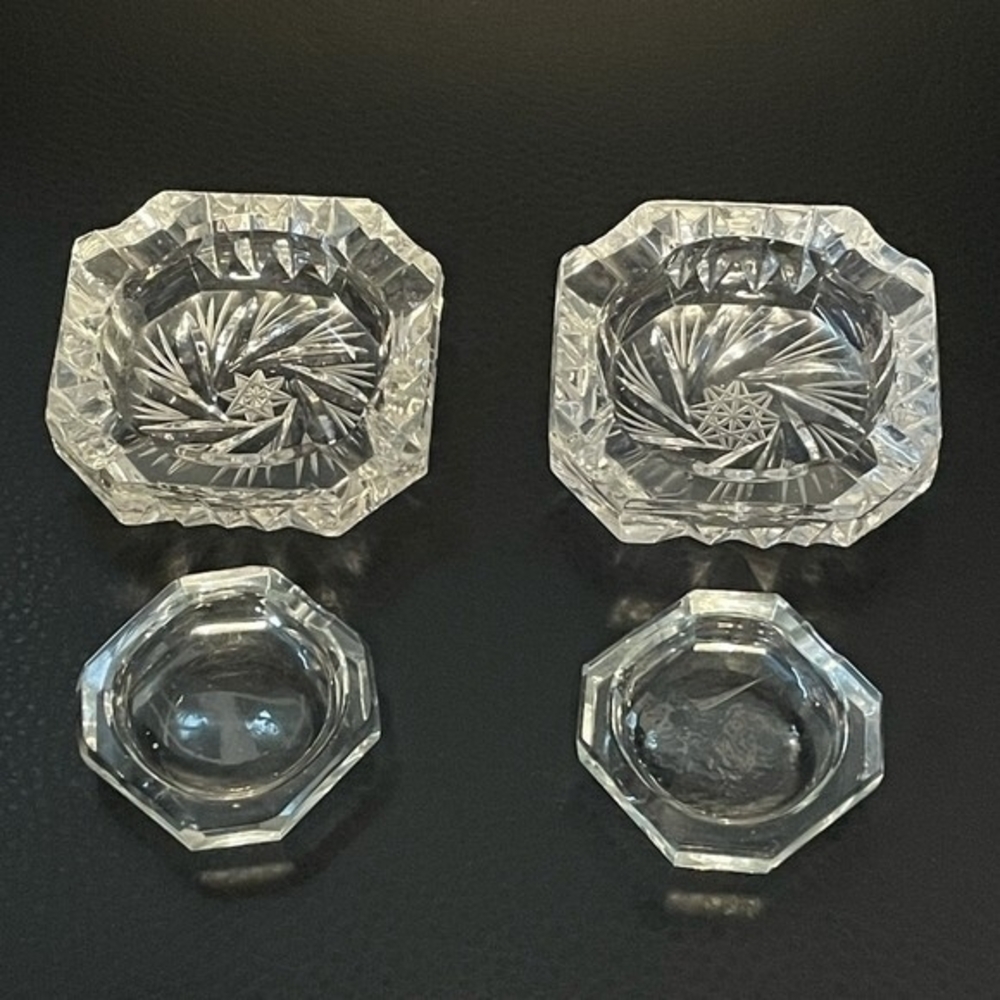 Art Deco Crystal Ashtrays Pair 3" Lead Accents Vintage 1930s Style Set of 2